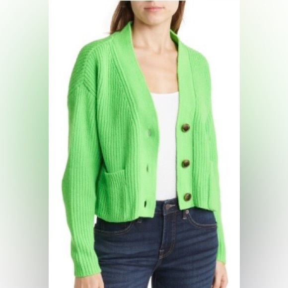 Ever After Sweaters - Ever After Ribbed Crop Cardigan Size L Color Bright Chartreuse